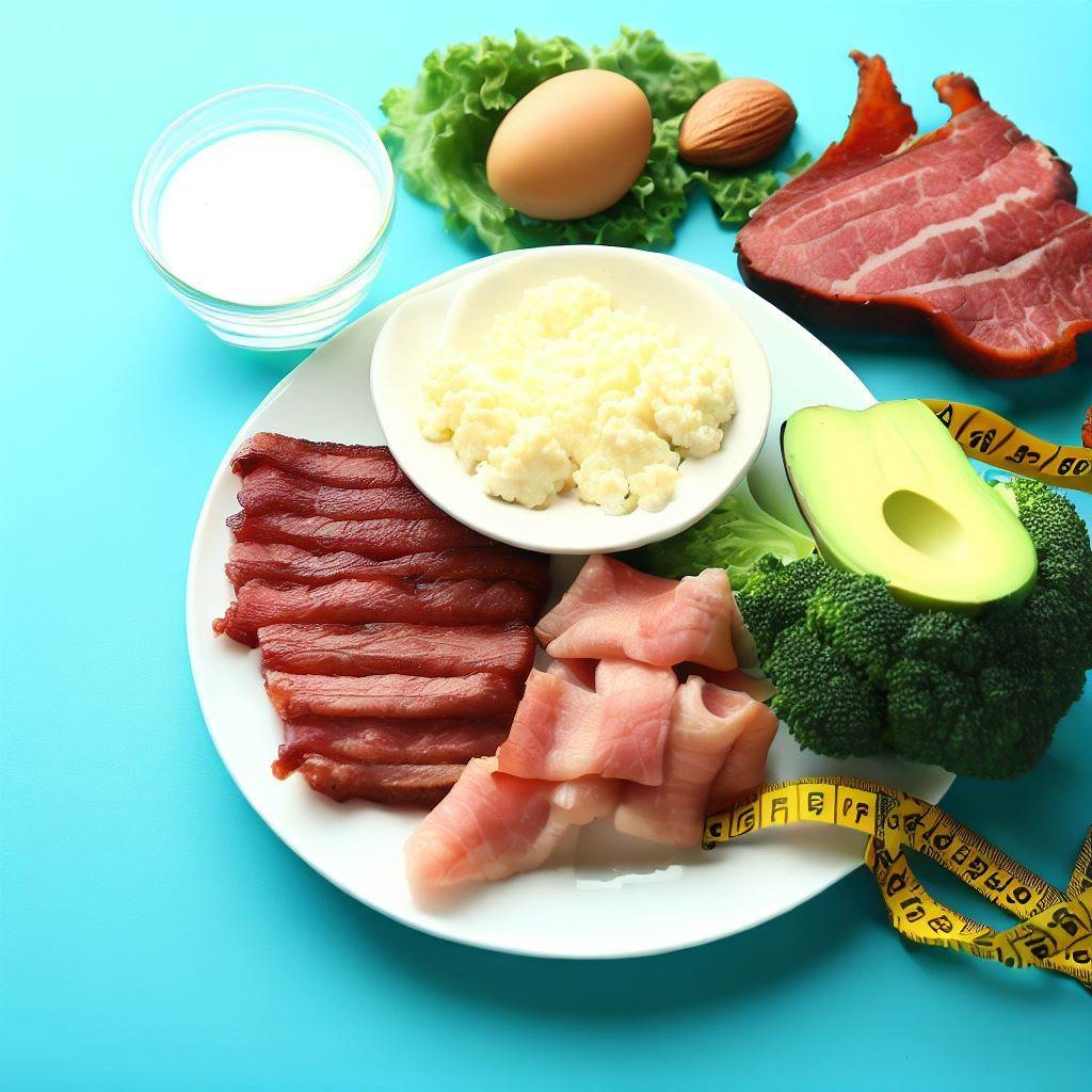 Plate filled with a healthy, balanced ketogenic meal featuring lean protein, leafy greens, and healthy fats.