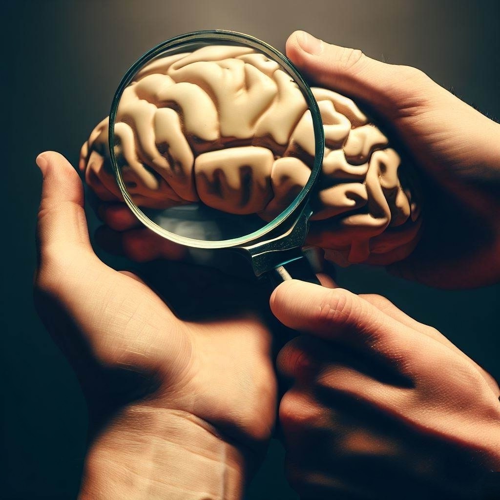 Two hands holding each other, one with a magnifying glass hovering over a brain, symbolizing the joint exploration of the mysteries of memory loss due to seizures.